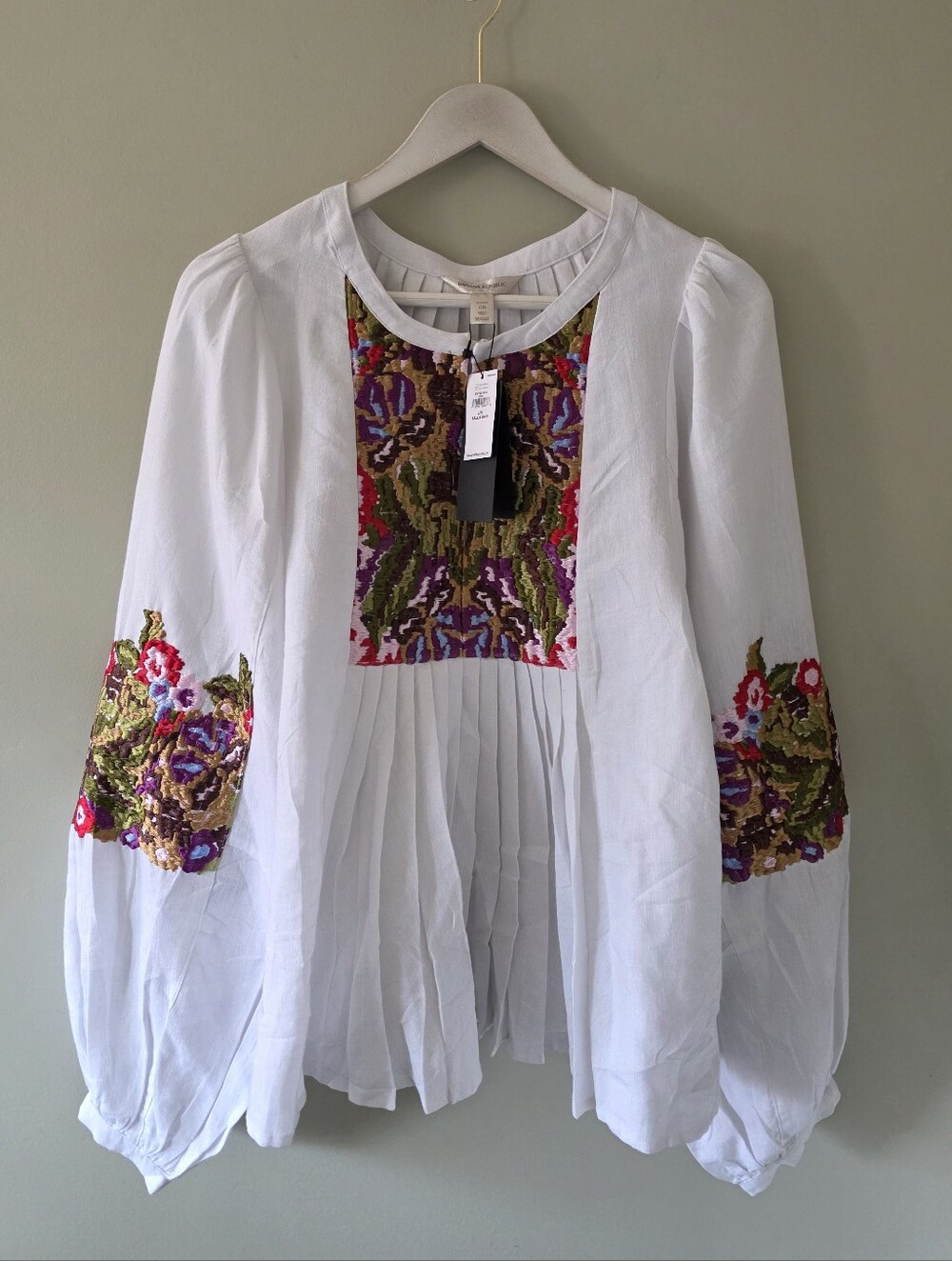NWT Banana Republic L Tall Embroidered Peasant Blouse Quiet Luxury Folk Artsy